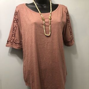 Loft Elbow Length Sleeve Mauve Embroidered Top